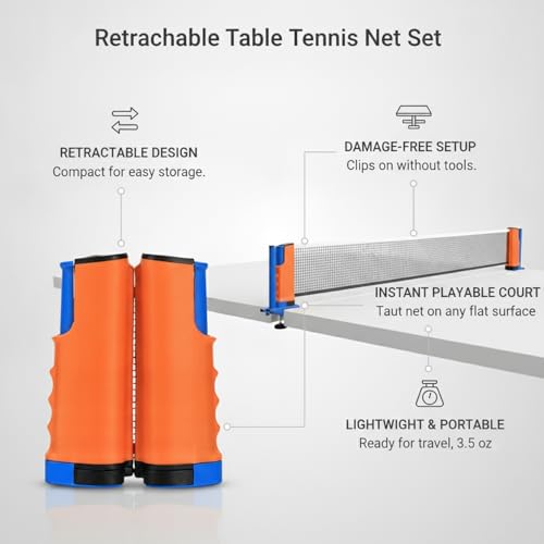 Retractable Table Tennis Net Set, Portable Nylon Ping Pong Net for Flat Surfaces, Damage-Free Setup - color: Orange