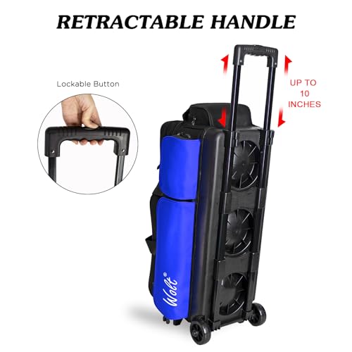 WOLT 3 Ball Bowling Bags with Wheels,Bowling Ball Bag 3 Ball Roller with Separate Shoe Compartment and Accessory Pocket, Retractable Handle Extends to 38’’ - color: blue