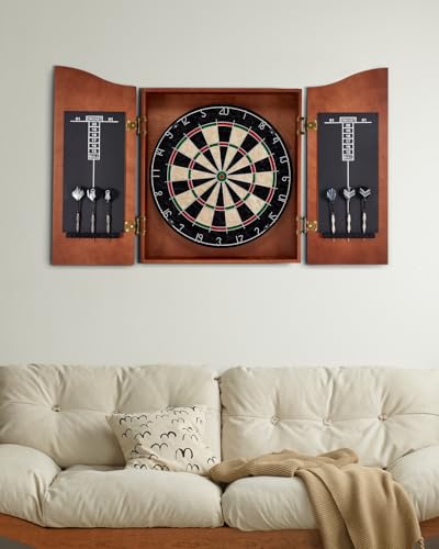 Sisal Dart Board Cabinet Sets, Decorative Dart Boards for Adults [6*Steel Darts] - Wooden Dartboard Cabinet with Integrated Scoreboard for Family Game Rooms - style: APRICOT