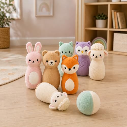 Juju Soft Bowling Set Six Animal Pins – Velour Bunny Bear Fox Cat Owl and Lamb with Weighted Bases – Soft Fabric Ball and Drawstring Storage Pouch – Indoor Active Set