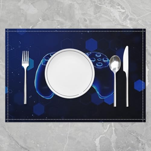 Erosebridal Gamepad 4 PCS of Placemats 12x18 Video Game Place Mat for Dining Table Boys Neon Lights Modern Non Slip Table Mats Dark Blue Geometric 3D - color: Dark Blue