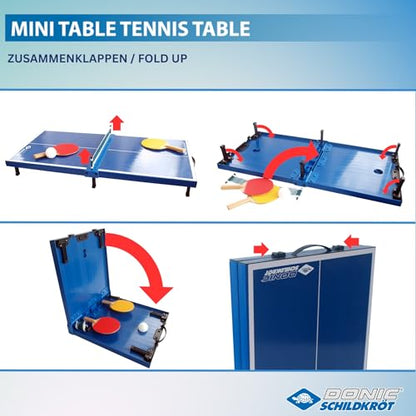 Donic-Schildkröt 838576 Mini Table Tennis Table Top Complete Set with 2 Bats and 1 Ball Foldable Plate – Briefcase Size – Blue Plate Dimensions 68 x 33 x 9 cm