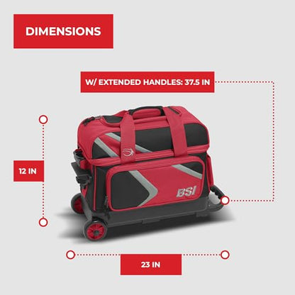 BSI Dash Roller Bowling Bag with Smooth Rolling Wheels, Padded Ball Compartment, Retractable Locking Handle, & Shoe Pocket - color: Black/Red/Gray, style: Double