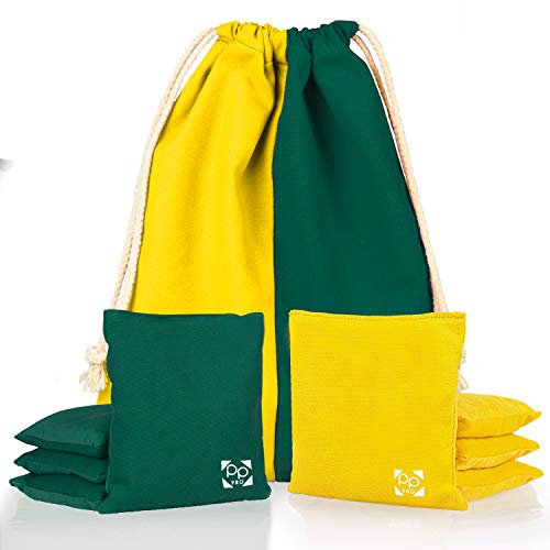 Professional Cornhole Bags - Set of 8 Regulation All Weather Double Sided - Sticky Side/Slick Side Bean Bags for Pro Corn Hole Game - color: Hunter Green & Yellow