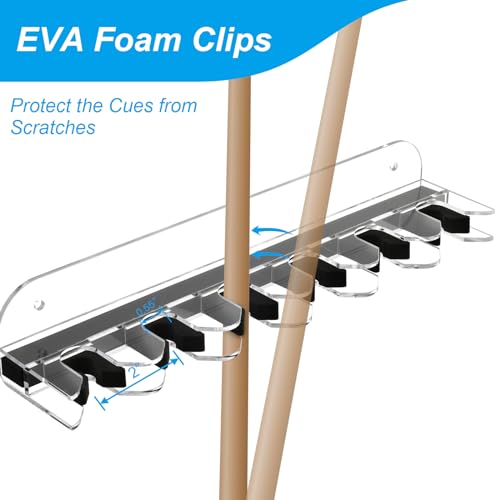 Cosmos Acrylic 2-Piece Billiard Cue Rack Wall Mount Billiard Stick Holder Wall Rack, Eva Foam Cue Clips Holds 6 Pool Cues, Billiard Pool Equipment Accessories (Transparent Clear) - color: Transparent Clear