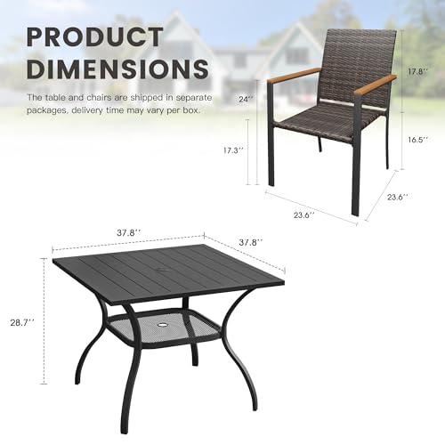 Patio Dining Set for 4, 37.8" Square Metal Table with Umbrella Hole and Stackable Wicker Patio Chairs, Outdoor Furniture Set for Deck Backyard Garden, Walnut Chairs, Black Table