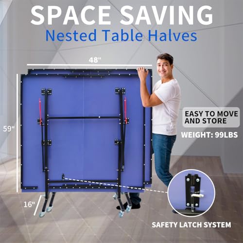 8FT Mid-Size Table Tennis Table Foldable & Portable Ping Pong Table Set, 8 Pulleys and Easy Storage, for Indoor Games with Net, 2 Table Tennis Paddles and 3 Balls