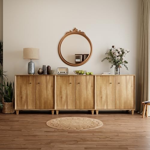 Sideboard Buffet Cabinet with Storage, Modern Accent Credenza with Doors & Adjustable Shelves, Wood Coffee Bar Console Table for Living Room, Dining Room, Kitchen(3pcs) Oak - color: Oak, size: 94.5"