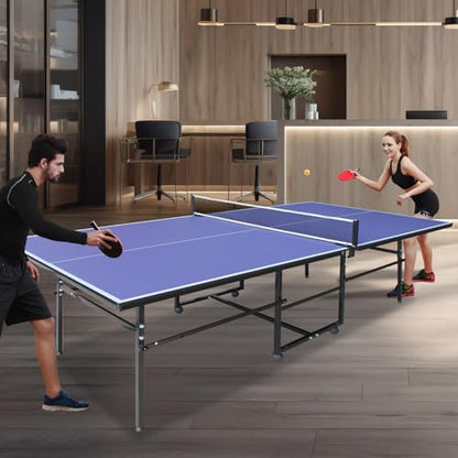 Ping Pong Table Foldable Indoor 8/8.5/9FT Single Player Playback Mode Game Set with Paddles and Balls - color: Blue-9x4.1FT