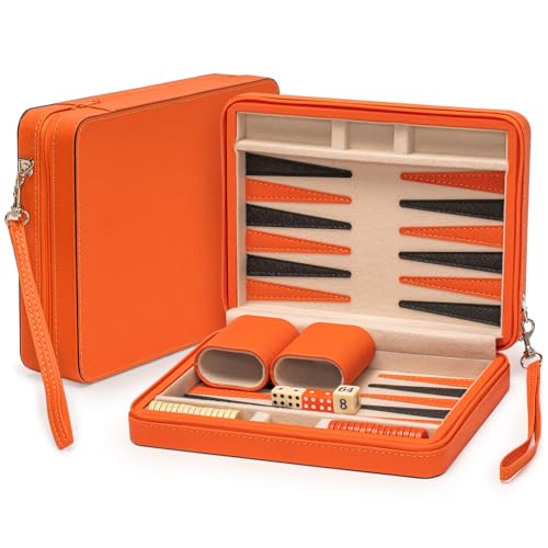 Yellow Mountain Imports Travel Size Backgammon Mini Game Set, Alanya - Magnetic Checkers and 9-inch Board in Sleek Leatherette Case - Classic Strategy Board Game - color: Aegean Ember