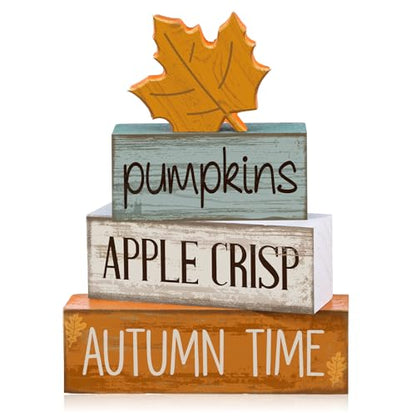 Lineshading 4 Pcs Fall Decoration for Home Wooden Maple Leaf Fall Tiered Tray Decor Thanksgiving Table Centerpiece Rustic Decorative Maple Leaf Block Signs Gift Farmhouse Autumn Decoration for Home - style: Autumn Maple Leaf
