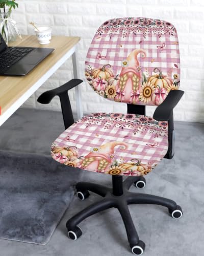Savannan Office Chair Cover, Autumn Sunflowers Pumpkins Protective Stretch Elastic Universal Cover for Desk Task Chair,Computer Rotating Chair 1 Pcs Gnome Flowers on Plaid