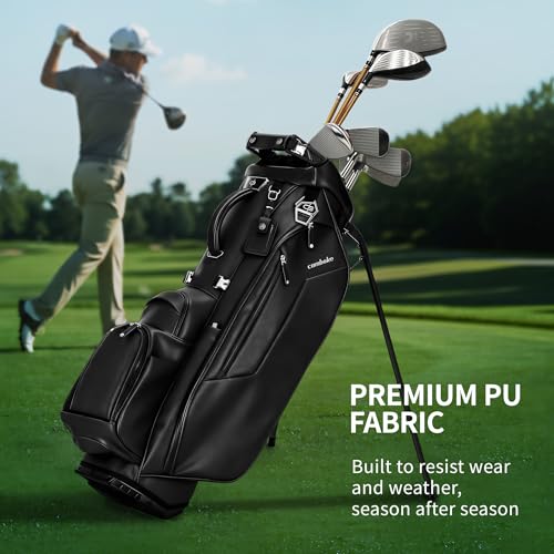 Luxury Faux Leather Golf Stand Bag, 4-Way Full-Length Divider Golf Bag with Carbon Fiber Stand, Cooler Pocket, Ergonomic Straps, Magnetic Pocket, Golf Club Bag with Rain Hood for Men/Women - color: Black
