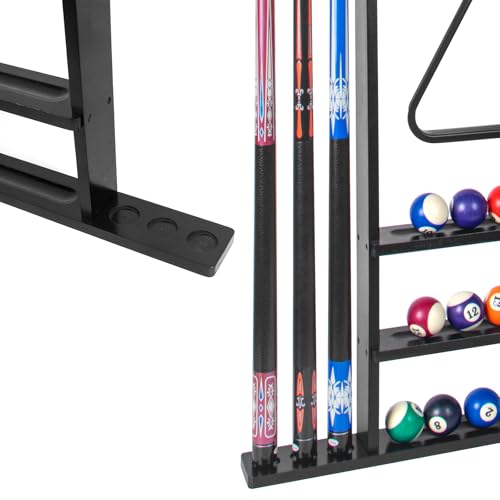 Black Pool Stick Holder, Wall Mount Pool Cue Rack ,Solid Wood Floor Stand for billiard cue sticks,Holds 6 Pool Cues & a Full Set of Balls,Professional Pool Table Accessories for Billiard Room or Club