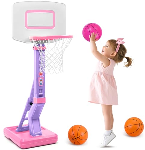 SUPER JOY Toddler Pink Basketball Hoop for Kids 1-3,2-4 5 Years Old, Adjustable Mini Hoop Set for Indoor Outdoor Play, Portable Basketball Goal Balls Sports Toys for Little Boys Girls Birthday Gifts - color: Lightpink