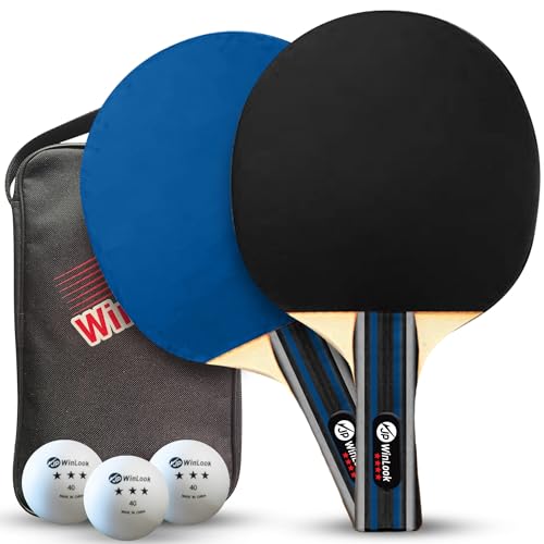 JP WinLook Ping Pong Paddles Sets - Portable Table Tennis Paddle Set with Ping Pong Paddles Professional Case & Ping Pong Balls - Premium Table Tennis Racket Player Set for Indoor & Outdoor Games - style: Black/Blue 2 Paddle Set