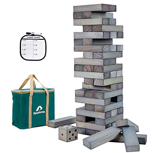 ApudArmis Giant Tumble Tower (Stack from 2Ft to Over 4.2Ft), 54 PCS Pine Wooden Stacking Timber Game with 1 Dice Set - Classic Block Giant Outdoor Game for Teens Adults Family (Gray) - color: Gray, size: L-4.2FT