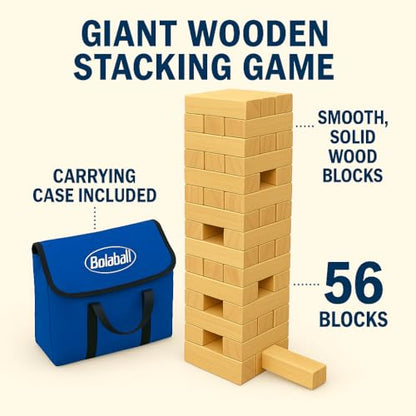 Bolaball Tumbling Tower Game with 56 Wooden Blocks & Carry Bag, Classic Stacking Tower for Family Games, Party Games, Travel Games, Indoor Outdoor Tumbling Games - style: Timber Tower