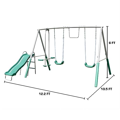 The Swing Company 600LBS Yonkers Metal Swing Set, Outdoor Backyard Playset Kids Aged 3-8 with 2 Swings, Glide Ride, Trapeze, 5ft Slide, Anchor Kit, 6ft Durable Steel Frame