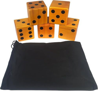 WE Games Giant Roll 'em Dice – 5 Wooden Lawn Dice for Outdoor Games, Yard Fun, and More - Durable 3 x 3 in. Large Dice Set with Black Drawstring Bag and Game Instructions