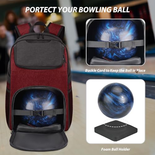 Bosynoy Bowling Backpack, Bowling Ball Bag Totes for Single Ball with Shoe Compartment & Foam Padded, Fits Shoes Up to US Mens Size 16, Grey - color: Red