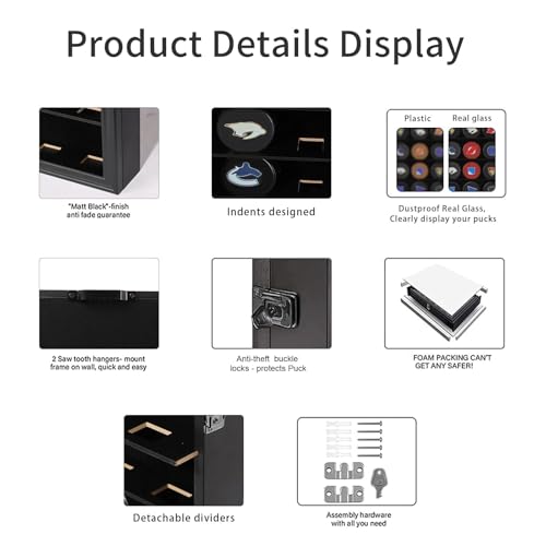 20 Hockey Puck Display Case - Puck Holder Wall Mount Cabinet Stand - Hockey Puck Shadow Box with Glass, Large Black - size: Large-Black