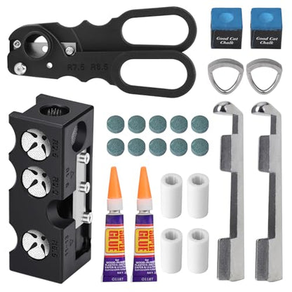 22pcs Pool Cue Repair Kit: 11 in 1 Pool Cue Tips Repair Tool 2 Pool Cue Tip Clamps 10 Billiard Cue Tips 4 Ferrules 2 Chalk Cubes 1 Pool Cue Tip Scissor