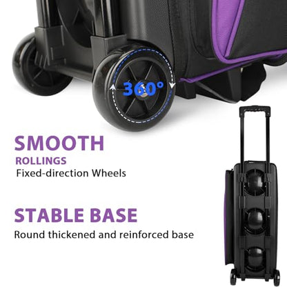 Goloni 3 Ball Bowling Bag with Wheels, Rolling Bowling Roller Bag with Retractable Handle for Balls & Bowling Accessories - color: 3 Ball-Purple
