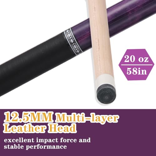 Canadian Maple Pool Cue Stick Set, 58 inch 18oz 19oz 20oz 21oz Billiard House Bar Pool Stick, 12.5mm Tip Billiard Cue for Beginner, Commercial and Home Entertainment - color: 12.5mm Purple