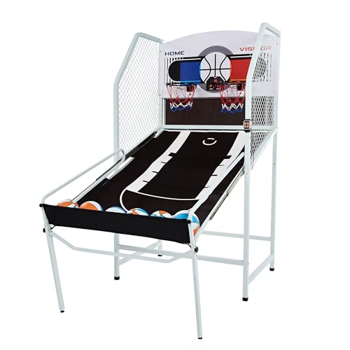 Rally and Roar Arcade Cage Basketball Game, Foldable Indoor Outdoor Sports Machine for 2 Players with Steel Hoops, LED Scorer, and 6 Balls, Multicolor