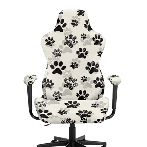 Black Paw Print Gaming Chair Cover Set of 4 Non Slip Breathable Game Chair Cover for Anti Cat Scratch Protection of Computer Gamer Chairs Slipcovers Office Rotating Armchair Protector Covers - color: Black Paw Print