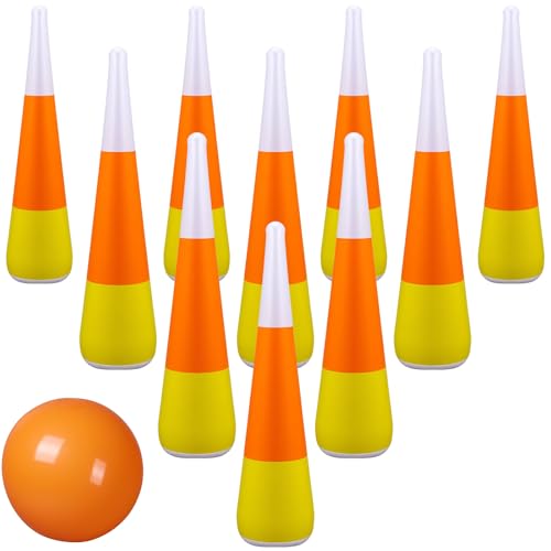 11 Pcs Candy Corn Inflatable Bowling Set Including 13.4 Inches Ball and 10 Pcs 21.6 Inches Bowling Pins for Adults Halloween Fall Carnival Festival Party Game Supplies