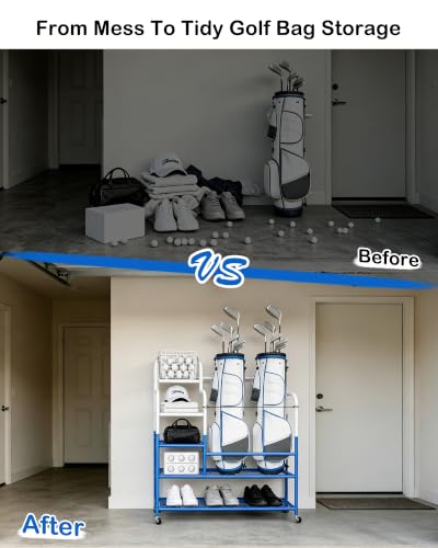 Golf Bag Storage Garage Organizer for 2 Bags, Golf Storage Rack with Wheels | 50% More Space Multi-Zone,All-In-One 5tier Compact,Extra Bottom Storage,4 360° Casters,Movable Basket,Small Garage,Heavy-Duty - size: 2 Golf Bag Rack丨36"(L)x15.8(W)"x44.6"(H)