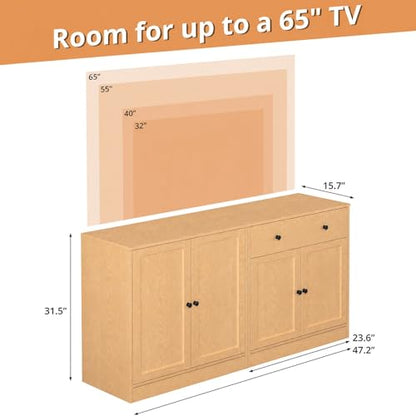 TUSY 71" TV Stand Storage Set - 2 Tall Bookcases & 2 Side Cabinets, Media Console with Glass & Wood Doors, Entertainment Center with Drawers, Tall Media Console for Living Room (Wood, AEEA) - color: Wood