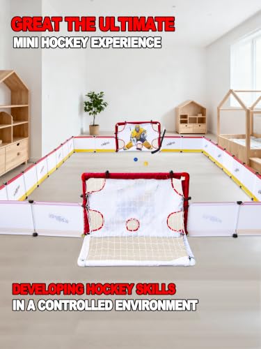 kasifei Mini Hockey Rink Set - Full Rink - Complete Indoor/Outdoor Sports Games with Steel Knee Goals, Sticks, and Ball - for Kids Ages 3 and Up