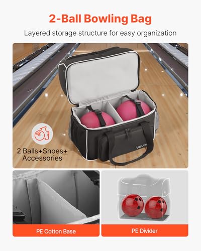 VEVOR Bowling Ball Bag, 2-Ball Bowling Bag with Wheels, Featuring a Separate Compartment for Shoes (Up to US Size 16) & Oversized Accessory Pocket, Retractable Handle Extends to 41.32 in