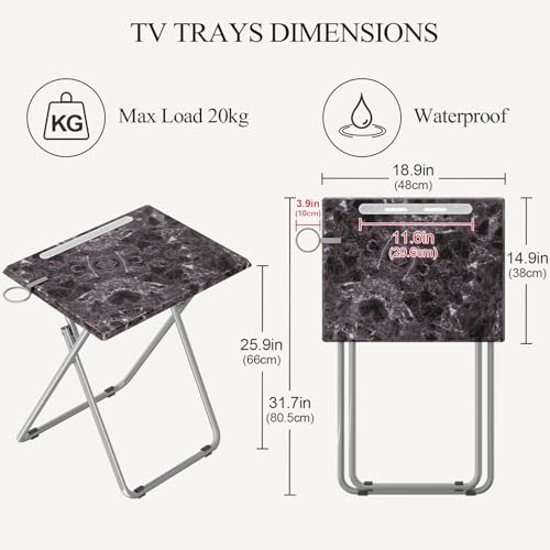 Folding TV Tray Table with Cup Holder, TV Dinner Table with Sturdy MDF Top, Eating Trays with Tablet Slot for Living Room, Bedroom, Sofa (Black Marble, 4Pcs) - color: Black Marble, size: 4PCS