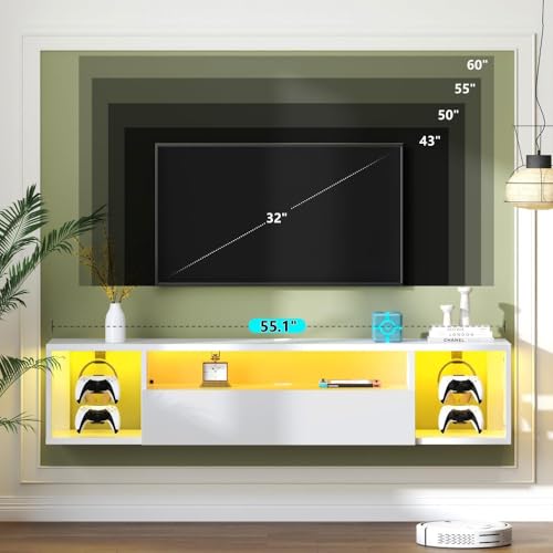 55" White TV Gaming Console with LED Lights - 4 Controller Hooks & 2 Headphone Hooks, Hidden Storage Cabinet, 30KG Top Load Capacity (White + Particle Board,Big) - size: Big