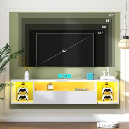 55" White TV Gaming Console with LED Lights - 4 Controller Hooks & 2 Headphone Hooks, Hidden Storage Cabinet, 30KG Top Load Capacity (White + Particle Board,Big) - size: Big