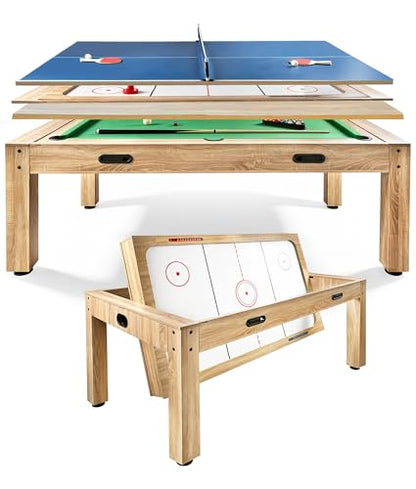 7FT 4-in-1 Multi Game Table, Combo Game Table with Billiards, Air Hockey, Ping Pong & Dining Table, Wood Game Room Table with All Accessories for Home, Family, Adults & Kids