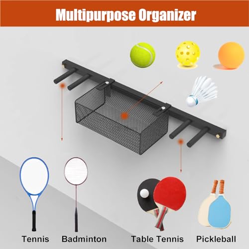 Sports Ball Organizer Holder Shelf 2 in 1 Wall Mounted Ball Holder Racket Rack, Hanging Equipment Organizer for Boys Bedroom/Studio/Garage, Metal Badminton Ping Pong Paddle Storage Display Stand