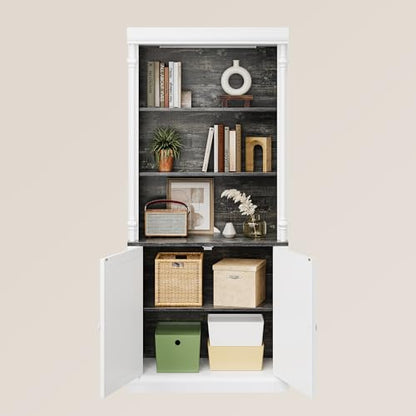 GarveeHome Tall Storage Bookcase with 3-Tier Open Shelves and Double Door, Roman Column Design and 4 Adjustable Lights, White & Black Wood Grain Display Storage Cabinet for Home Office, Living Room