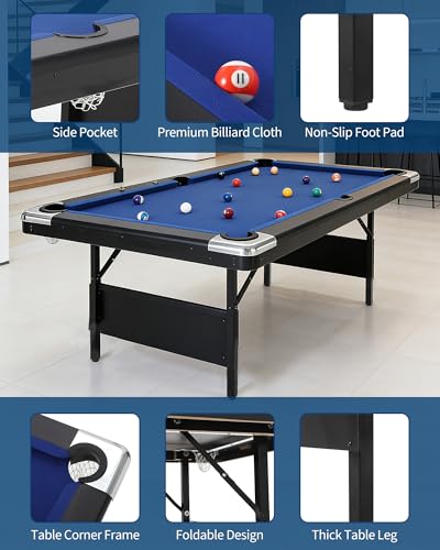 6/7 ft Pool Table, Folding Billiard Table, Portable Pool Tables with Billiard Balls, 2 Cue Sticks, Felt Brush & Chalk for Family Game Room & Home Recreation - color: Blue-6FT