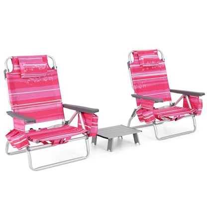 Tangkula Backpack Beach Chair with Table, 5-Position Lay Flat Beach Chairs with Cooler Bag, 2 Cup Holders, Towel Bar, Lightweight Low Folding Beach Chair with Backpack Straps - color: Pink Stripe, style: 2 Pack with Table