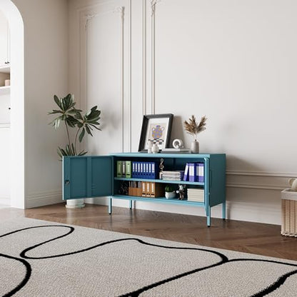Blue Metal Accent Cabinet Locker with Lock, 2-Door Wide Storage Cabinet, Adjustable Shelves, Multifunctional TV Stand & Entertainment Center for Bedroom, Living Room - color: Ocean, style: TV stand-24"H-LK