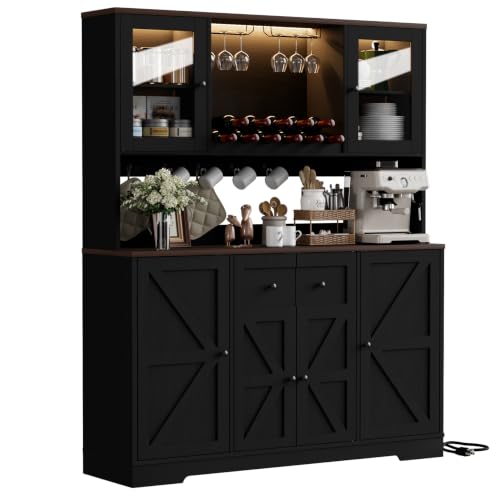 VVFLU 68" Tall Kitchen Pantry Storage Cabinet with Charging Station, 55" Wide Kitchen Hutch Cabinet with Large Countertop, Farmhouse Buffet Cabinet with Wine Holder & Wine Rack for Dining Room, Black - color: Black/Wood, size: 15.8"D x55.19"W x 68.1"H