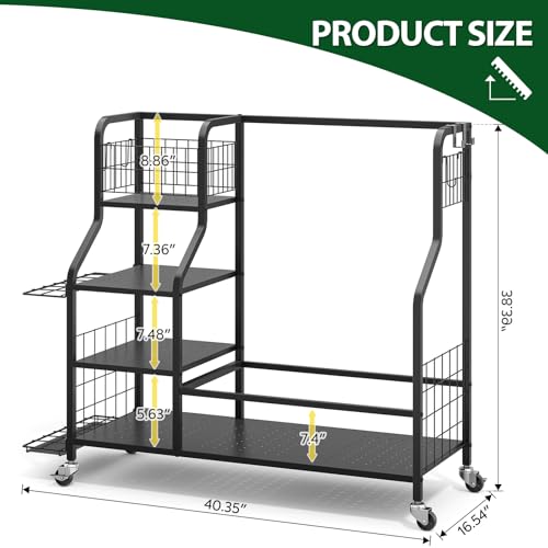 Golf Storage Organizer for Garage, Golf Bag Storage Rack with Lockable Wheels, Heavy Duty Golf Club Organizer with 3-Tier Shelves & Removable Hooks for Golf Accessories, Golf Bag Stand Holder, Black