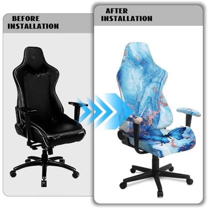 Suobstales Blue Butterfly Marble Print Gaming Chair Cover, Stretchable Computer Office Chair Cover for Armchair, Swivel Chairs, Computer Boss Chair, Removable Chair Slipcovers with Armrest Cover - color: Blue Butterfly Marble
