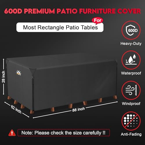 Zettum Patio Furniture Cover Rectangle - 600D Outdoor Table Cover Waterproof & Heavy Duty, Lawn Furniture Set Covers for Outside Rectangular Dining Table and Chairs Seating Combo - 88 x 62 x 28 Inch - size: 3) Rectangle - 88" x 62"