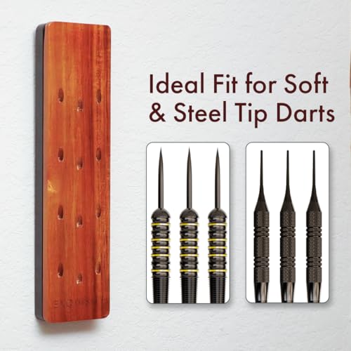 EXQUISITE Premium Craft-Handed Dark Brown Accacia Darts Holder - Wall Mounted Dart Caddy Display & Storage for 12 Soft & Steel Tip Darts, Precision Drilled, Protective Backing, Includes Mounting Kit